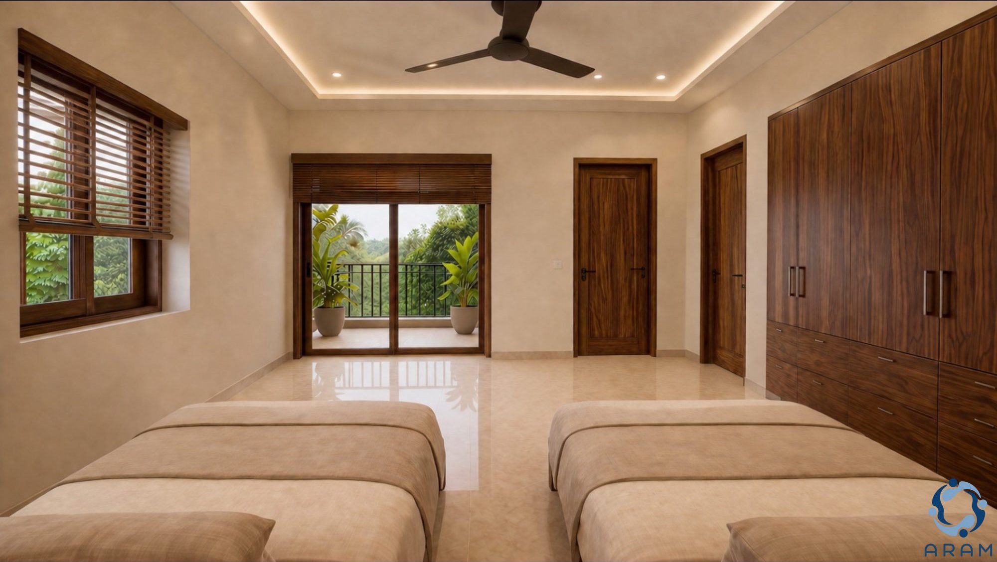Aram bedroom arranged with individual single beds and full-height storage