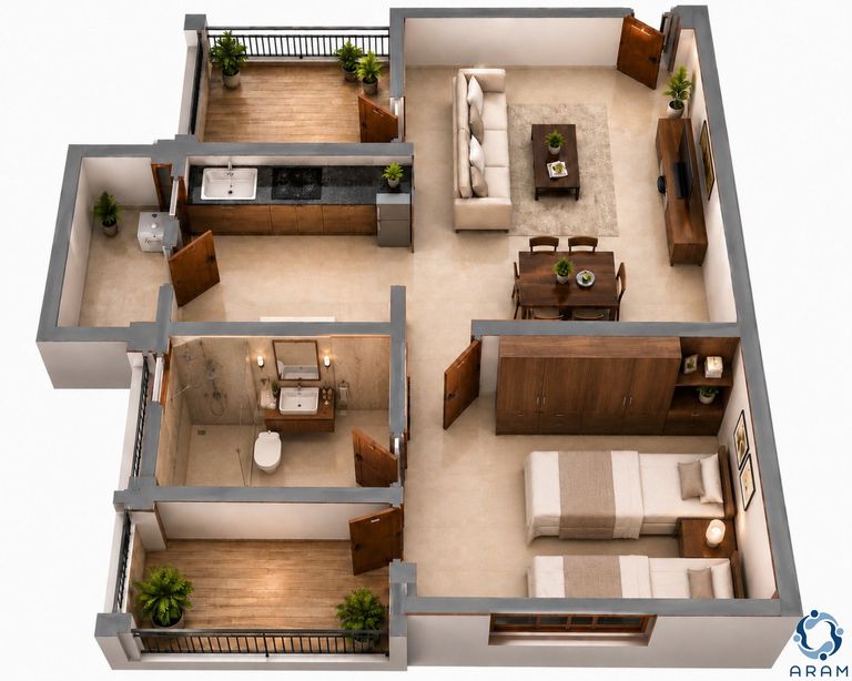 Isometric plan of a 422 sq ft Aram one-BHK residence: bedroom with balcony, living hall, kitchen, bathroom, hall balcony and a separate dry balcony