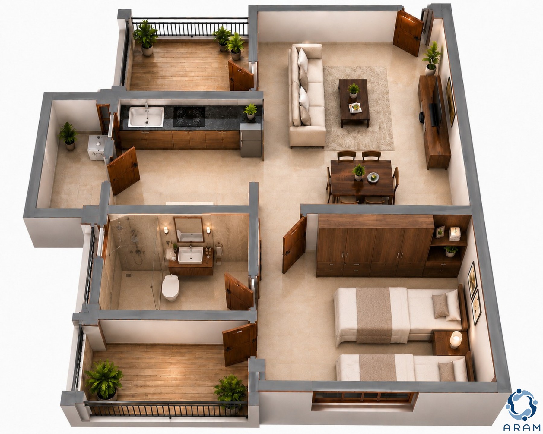 Isometric plan of a 422 sq ft Aram one-BHK residence: bedroom with balcony, living hall, kitchen, bathroom, hall balcony and a separate dry balcony